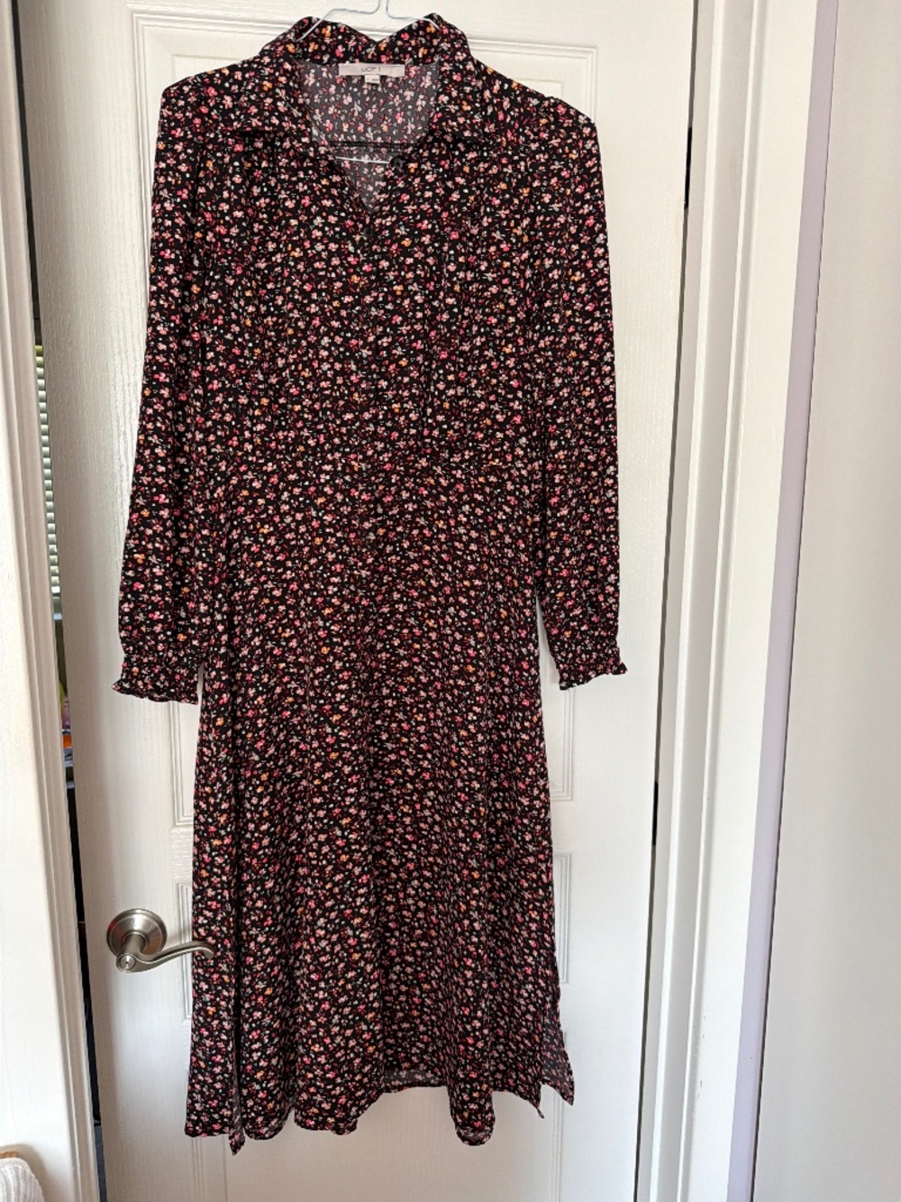 LOFT Floral Midi Dress | Size S | Long Sleeve | Black Pink Print